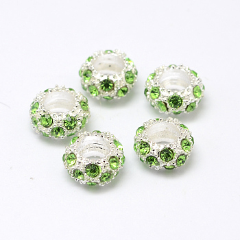 Alloy Rhinestone European Beads, Large Hole Beads, Rondelle, Silver Metal Color, Peridot, 11x6mm, Hole: 5mm
