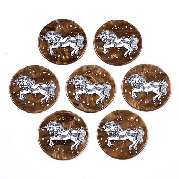 Acrylic Pendants, 3D Printed, Flat Round with Unicorn Pattern, Saddle Brown, 38x2.5mm, Hole: 1.8mm
