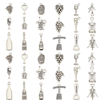 4Bags Tibetan Style Alloy Pendants Sets, Mixed Wine Theme Charms, Antique Silver, 16.5~30.5x6.5~20x1.5~7mm, Hole: 1.4~5mm, 1pc/style