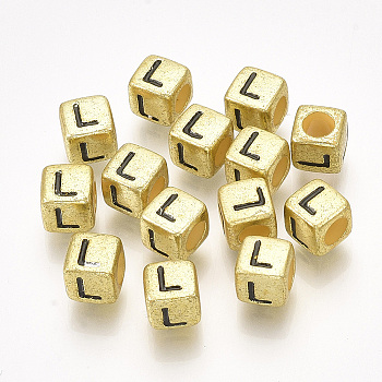 Acrylic Beads, Horizontal Hole, Metallic Plated, Cube with Letter.L, 6x6x6mm, 2600pcs/500g