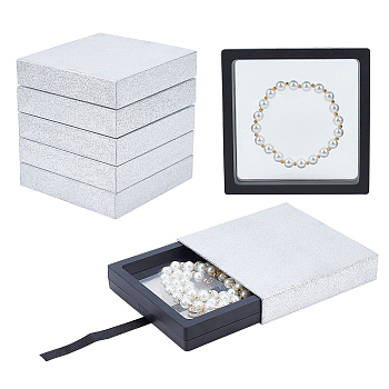 Starry Sky Pattern Cardboard Boxes, with PE Plastic 3D Floating Frame Display Holder, for Jewelry Earrings, Necklaces, Rings Storage, Square, Silver, Floating Frame: 11x11x2cm, Inner Diameter: 9.3x9.3cm, Cardboard Box: 11.4x11.4x2.4cm