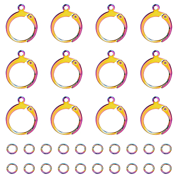 40Pcs 304 Stainless Steel Leverback Earring Findings, with Horizontal Loops and 40Pcs Open Jump Rings, Rainbow Color, 15x12~13x2mm, Hole: 1.4mm, Pin: 0.8mm