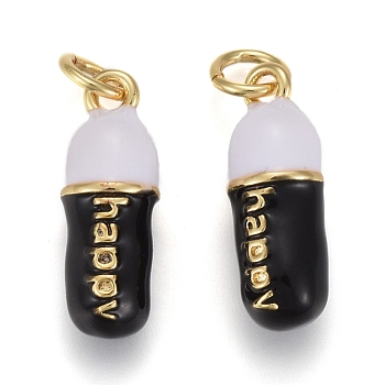 Brass Enamel Pendants, with Jump Rings, Long-Lasting Plated, Pill Bar Shape with Word Happy, Black, Real 18K Gold Plated, 17x6mm, Hole: 3mm