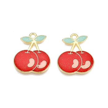 Light Gold Plated Alloy Enamel Pendants, Cadmium Free & Lead Free, with Glitter Powder, Cherry Charms, Red, 21x17x2mm, Hole: 1.8mm