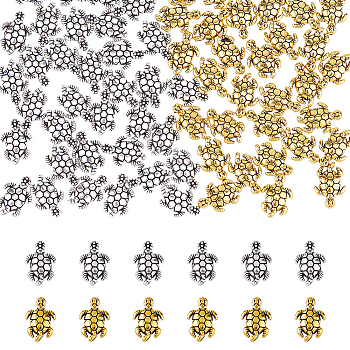 100Pcs 2 Colors Tibetan Style Alloy Beads, Tortoise, Antique Silver & Antique Golden, 12.5x9x4mm, Hole: 1mm, 50pcs/color