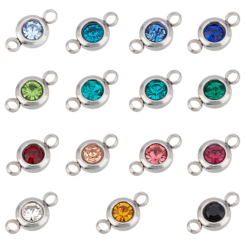 304 Stainless Steel Rhinestone Links Connectors, Flat Round, Stainless Steel Color, Mixed Color, 12x6.5x4mm, Hole: 2mm, 30pcs/box
