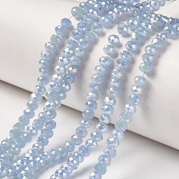 Electroplate Glass Beads Strands, Imitation Jade Beads, Full Rainbow Plated, Faceted, Rondelle, Light Sky Blue, 4x3mm, Hole: 0.4mm, about 123~127pcs/strand, 16.5~16.9 inch(42~43cm)