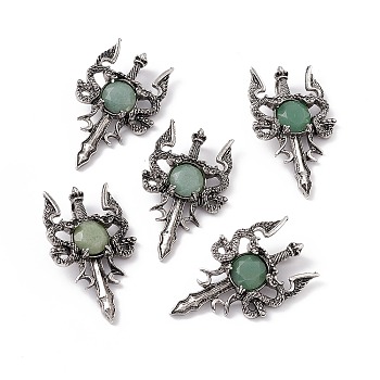 Natural Green Aventurine Pendants, Sword Charms, with Rack Plating Antique Silver Tone Alloy Findings, Cadmium Free & Lead Free, Faceted, 48x29x6.5mm, Hole: 6x3.5mm