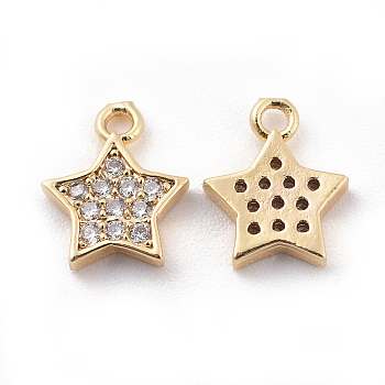 Brass Cubic Zirconia Charms, Star, Clear, Real 18K Gold Plated, 9x8x2mm, Hole: 1mm