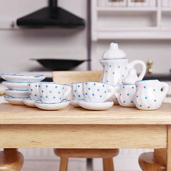 Mini Ceramic Tea Sets, including Cup, Teapot, Saucer, Micro Landscape Garden Dollhouse Accessories, Pretending Prop Decorations, Polka Dot, 13~27mm, 15pcs/set