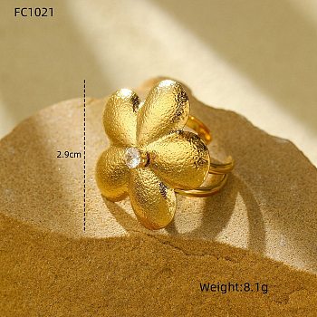 Flower 304 Stainless Steel Micro Pave Cubic Zirconia Open Cuff Rings, for Women, Golden, 29x30mm