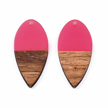 Transparent Resin & Walnut Wood Pendants, Teardrop Shape Charm, Hot Pink, 38x18x3mm, Hole: 2mm