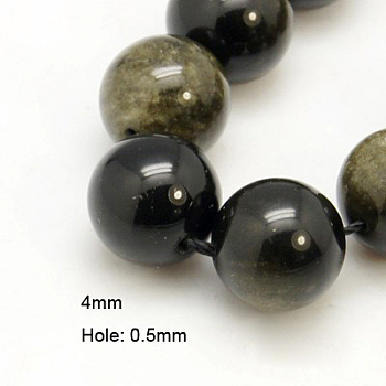 Natural Golden Sheen Obsidian Beads Strands, Round, 4mm, Hole: 0.5mm, about 90pcs/strand, 16 inch