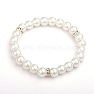 Glass Pearl Round Beads Stretch Bracelets, with Silver Color Plated Brass Middle East Rhinestone Beads, White, 52mm(BJEW-JB01544-01)
