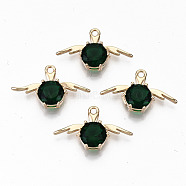 Brass Glass Rhinestone Pendants, Long-Lasting Plated, Cadmium Free & Lead Free, Angel, Light Gold, Emerald, 14.5x24x5mm, Hole: 1.6mm(GLAA-S179-22C-RS)