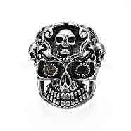Gothic Punk Skull Alloy Open Cuff Ring for Men Women, Cadmium Free & Lead Free, Antique Silver, US Size 9(18.9mm)(RJEW-T009-61AS)