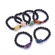 Natural Lava Rock Round Beads Stretch Bracelets, with Natural Gemstone Chips and Brass Beads, Golden, Inner Diameter: 2 inch(5cm)(BJEW-JB05118)