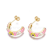 Brass Enamel Half Hoop Earrings, with Ear Nuts, Nickel Free, Letter C Shape with Evil Eye, Real 16K Gold Plated, Pink, 18x5.5mm, Pin: 0.8mm(EJEW-T014-49G-01-NF)