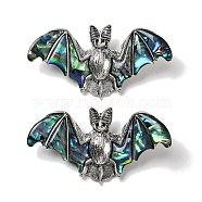 Tibetan Style Alloy Bat Brooches, with Natural Paua Shell and Rhinestone, Antique Silver, 36.5x69.5x13mm(JEWB-A021-01C-AS)