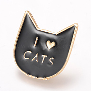 Alloy Enamel Kitten Brooches, Enamel Pin, with Brass Finding, Cat Head with Word I Love Cats, Light Gold, Black, 29x27mm, Pin: 1.2mm(JEWB-Q026-108KC)