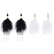 ANATTASOUL 2 Pairs 2 Colors Feather Long Dangle Earrings, Gold Plated Alloy Jewelry for Women, Black and White, 150x80mm, 1 Pair/color(EJEW-AN0001-06)