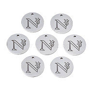 304 Stainless Steel Charms, Laser Cut, Designed Letter Engraved, Flat Round, Stainless Steel Color, Letter.N, 14x1mm, Hole: 1.2mm(STAS-T059-26P-N)