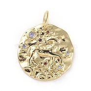 Brass Micro Pave Cubic Zirconia Pendants, with Jump Rings, Flat Round, Constellation, Colorful, Golden, Aries, 14~15x2mm, Hole: 3mm(X-ZIRC-G157-03K-01G)