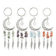 Alloy Moon with Feather Pendant Decorations, with Gemstone Chips and Star Charms, Antique Silver, 126mm, 4pcs/set(HJEW-TA00068)