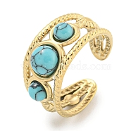 Ion Plating(IP) 304 Stainless Steel Synthetic Turquoise Cuff Rings, Round Open Rings for Women Men, Real 18K Gold Plated, 10mm, Inner Diameter: Adjustable(G-Z056-06G-02)