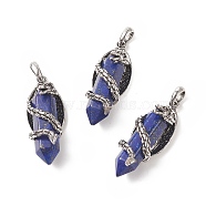 Natural Lapis Lazuli Pointed Pendants, Faceted Bullet Charms with Antique Silver Tone Alloy Dragon Wrapped, 47.5x19x18.5mm, Hole: 7.5x6mm(G-C051-01A)