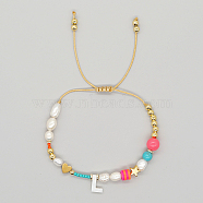 Initial Letter Natural Pearl Braided Bead Bracelet, Adjustable Bracelet, Letter L, 11 inch(28cm)(LO8834-12)