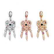 Rack Plating Alloy European Dangle Charms, with Colorful Rhinestone, Large Hole Pendants, Cadmium Free & Nickel Free & Lead Free, Woven Net/Web with Feather, Mixed Color, 36.5mm, Hole: 5mm, Feather: 12.5x2.5x3.5mm(MPDL-N039-062)