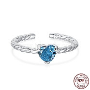 Rhodium Plated 925 Sterling Silver Twist Open Finger Rings, Birthstone Ring, with Cubic Zirconia for Women, Heart Cuff Ring, Real Platinum Plated, Blue, 1.8mm, US Size 7(17.3mm)(RJEW-A019-53P-02)