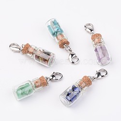 Glass Bottle Pendants, with Natural & Synthetic Mixed Stone Chip Beads and Brass Lobster Claw Clasps, Platinum, 38mm(X-HJEW-JM00219)