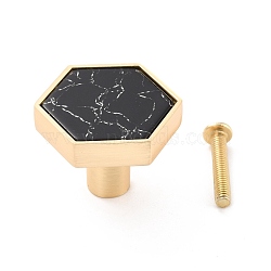 Hexagon with Marble Pattern Brass Box Handles & Knobs, with Resin Cabochons and Iron Screws, Matte Gold Color, Black, 29.5x34x24.5mm, Hole: 3.5mm(DIY-P054-C11)