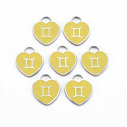 304 Stainless Steel Pendants, with Enamel, Heart with 12 Constellations, Gemini, 16.5x14.5x1.5mm, Hole: 3x3.5mm(STAS-S117-025J)