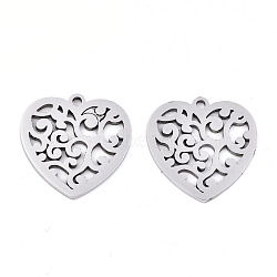 Non-Tarnish 201 Stainless Steel Pendants, Laser Cut, Heart, Stainless Steel Color, 17x17x0.9mm, Hole: 1.4mm(STAS-S081-092)