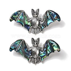 Tibetan Style Alloy Bat Brooch, with Natural Paua Shell and Rhinestone, Antique Silver, 36.5x69.5x13mm(JEWB-A021-01C-AS)