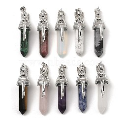 Natural & Synthetic Mixed Gemstone Pointed Pendants, Faceted Bullet Charms, with Rack Plating Platinum Plated Brass Fairy, Mixed Dyed and Undyed, 24x13mm, Hole: 5x8mm(G-Z033-15P)