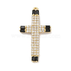 Rack Plating Brass Micro Pave Cubic Zirconia Pendants, Long-Lasting Plated, Lead Free & Cadmium Free, Real 18K Gold Plated, Cross, Black, 37x20.5x3mm, Hole: 1mm(KK-A224-16G-02)