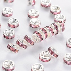 Brass Grade A Rhinestone Spacer Beads, Silver Color Plated, Nickel Free, Rondelle, Rose, 4x2mm, Hole: 0.8mm(RSB034NF-07)