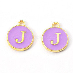 Golden Plated Alloy Enamel Charms, Enamelled Sequins, Flat Round with Letter, Medium Purple, Letter.J, 14x12x2mm, Hole: 1.5mm(ENAM-S118-10J)
