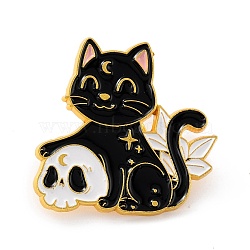 Cat with Skull Enamel Pin, Cute Alloy Enamel Brooch for Backpacks Clothes, Light Gold, Black, 28x29x9.5mm(X-JEWB-C011-09)