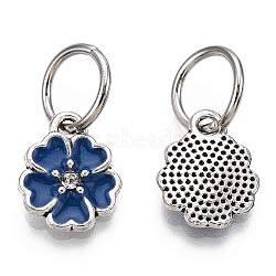 Enamel Style Flower Alloy Rhinestone Charms, with Iron Findings, Antique Silver, Midnight Blue, 13.5x11x3mm, Hole: 6mm(ENAM-S085-02)