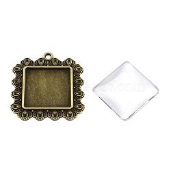 DIY Pendant Making, Tibetan Style Alloy Pendant Cabochon Settings, with Glass Square Cabochons, Cadmium Free & Nickel Free & Lead Free, Antique Bronze, 44x40x2mm, Hole: 2.5mm, Glass: 25x25x5~6mm, 2pcs/set(DIY-X0291-12AB-NR)