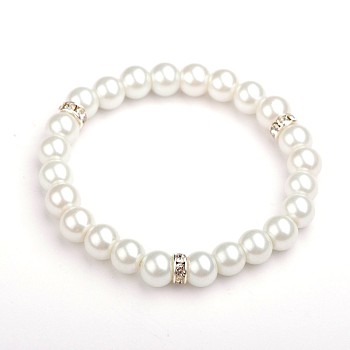 Glass Pearl Round Beads Stretch Bracelets, with Silver Color Plated Brass Middle East Rhinestone Beads, White, 52mm