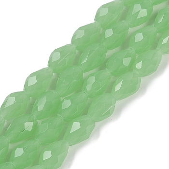 Electroplate Imitation Jade Glass Beads Strands, Faceted, Teardrop, Lime, 6x4mm, Hole: 0.9mm, about 65~67pcs/strand, 15.35~16.14 inch(39~41cm)