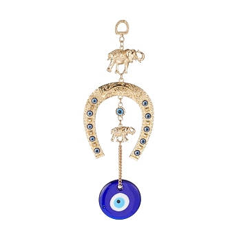Handmade Lampwork & Resin Evil Eye Pendant Decorations, with Iron Ring and Chain, Alloy Findings, Elephant & Horseshoe, Golden, 230mm, Hole: 13x10mm