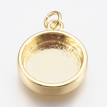 Brass Pendant Cabochon Settings, Plain Edge Bezel Cups, Flat Round Charms, Golden, Tray: 10mm, 14x11.5x3mm, Hole: 2mm