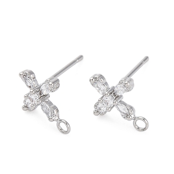 Cross Brass Micro Pave Cubic Zirconia Stud Earrings Finding, Platinum, 11.5x9mm, Hole: 1.4mm, Pin: 0.8mm